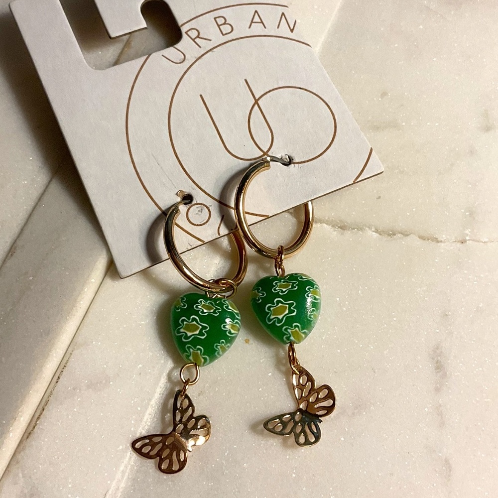 Urban Outfitters Green Clay Bette Butterfly Heart Gold Hoop Earrings